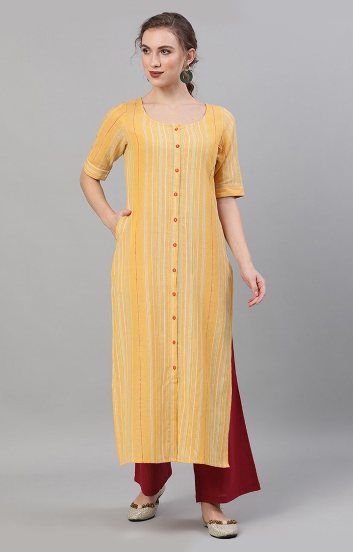 Yellow Striped Handloom Design Straight Kurta