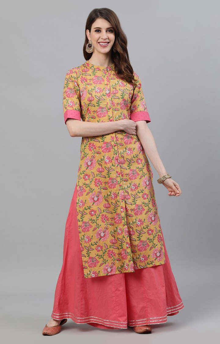 Yellow and Pink Floral Printed Button Down Kurta