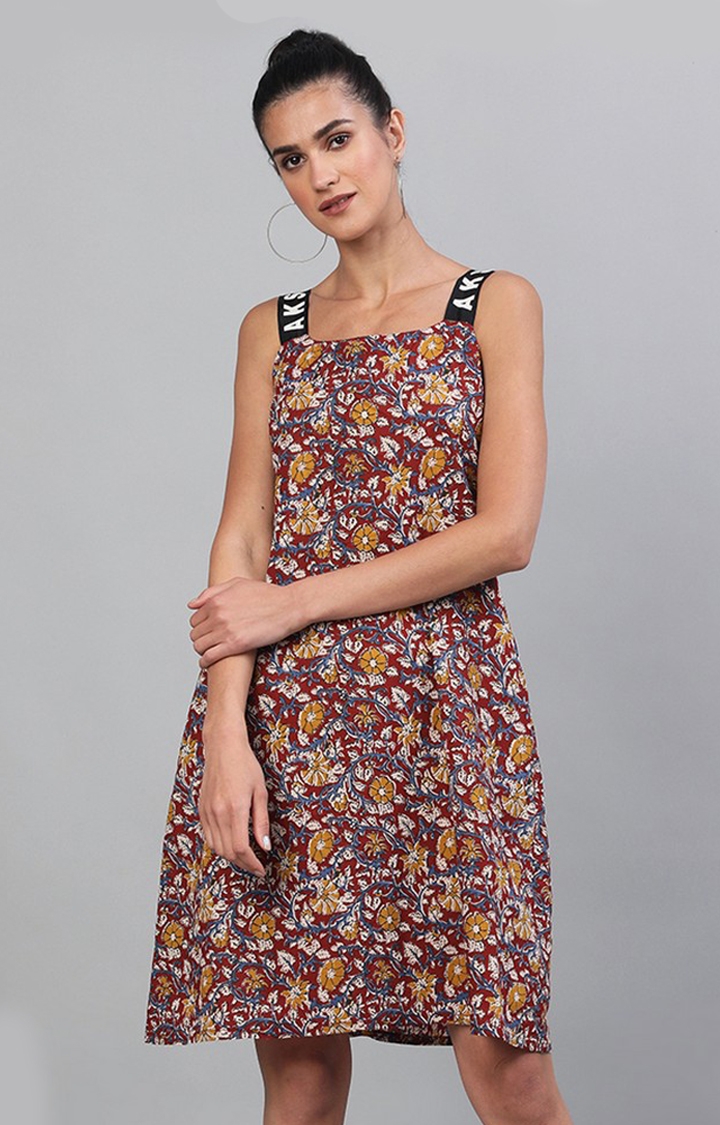 ANTARAN | Maroon Kalamkari Floral Printed Shift Dress