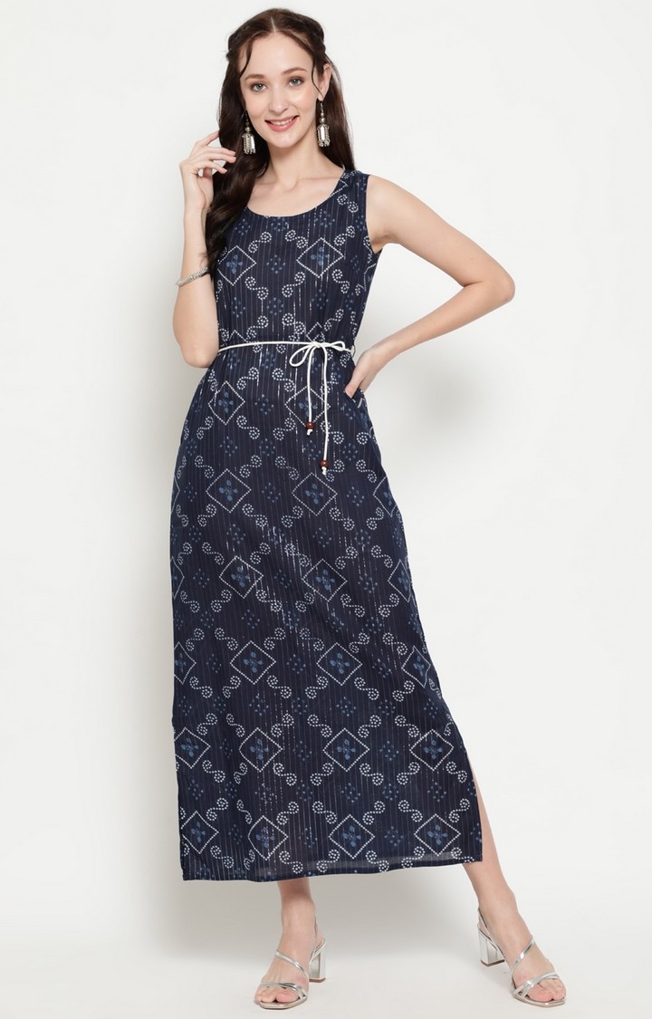 ANTARAN | Navy Blue Lurex Bandhani Printed Straight Maxi Dress With Dori