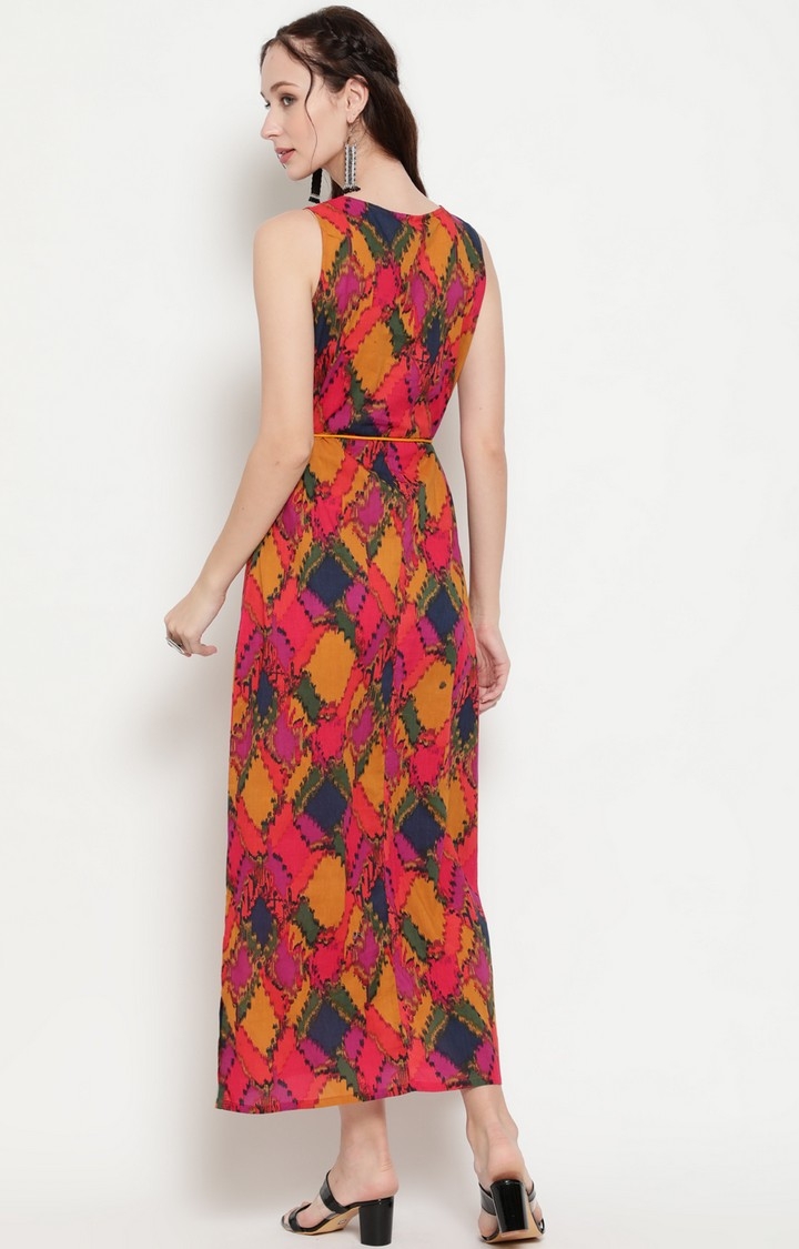 ANTARAN | Multi-coloured Printed Straight Maxi Dress With Dori