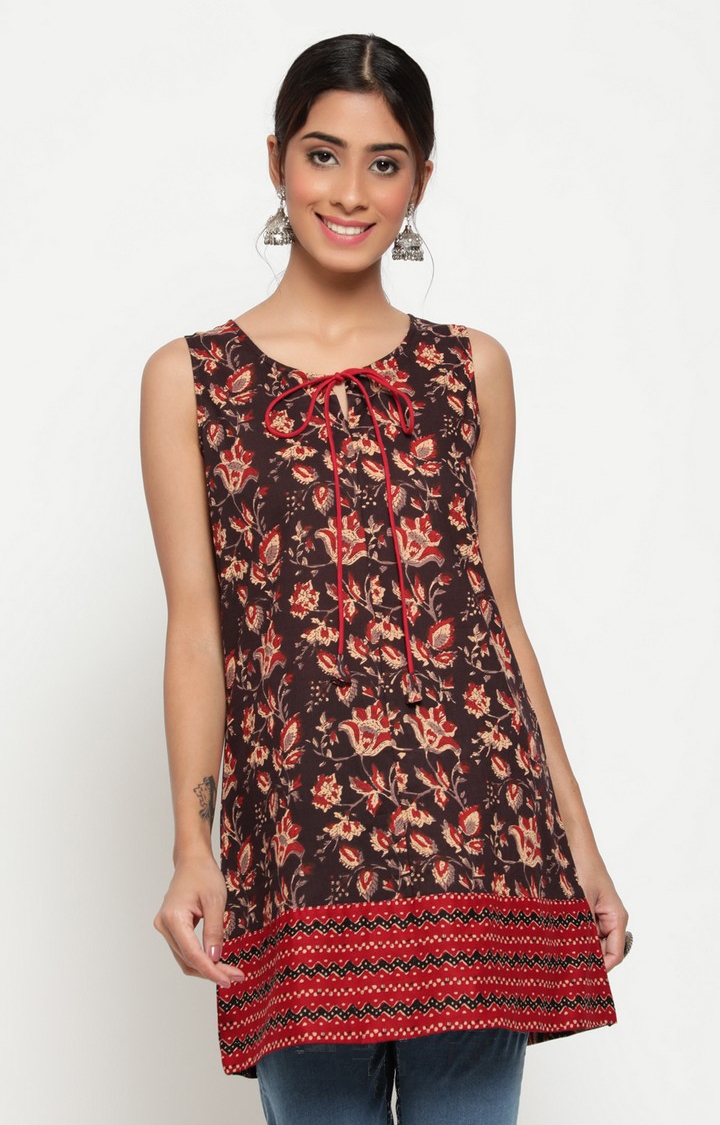 Black And Maroon Floral Printed Sleeveless Tops