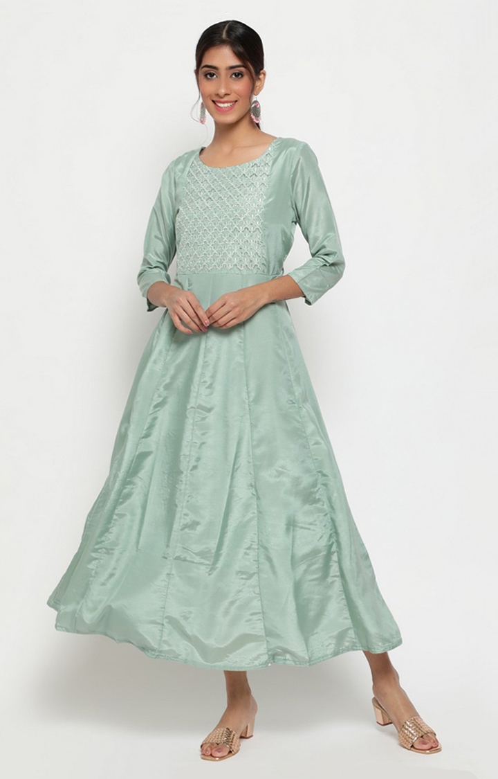 Pastle Green Flared Anarkali With Yoke Embroidered Work