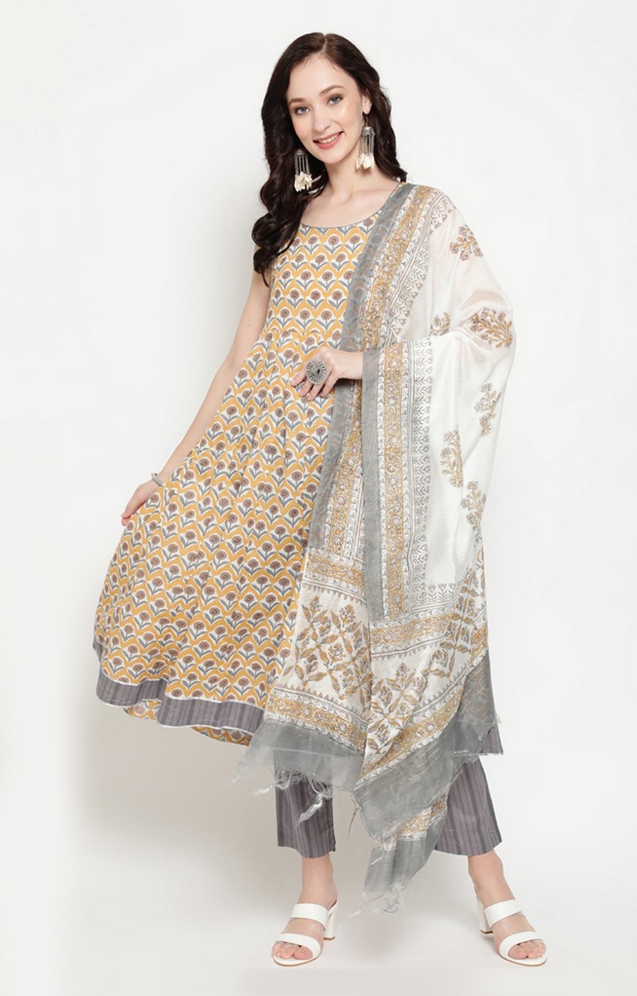 Yellow And Grey Floral Printed Anarkali With Pant And Dupatta Set