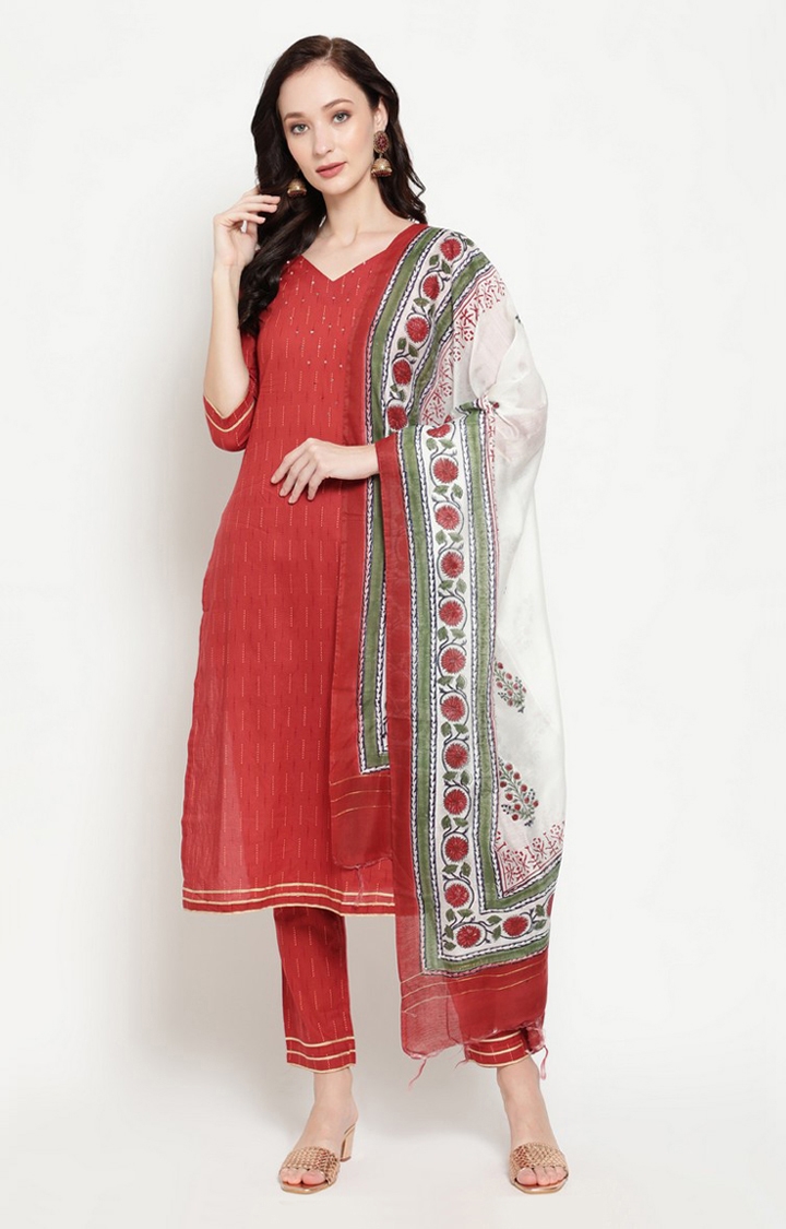Maroon Sequence Work Kurta And Pant With Printed Dupatta Set
