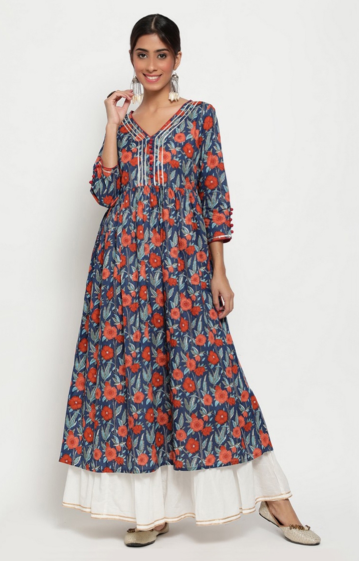 Blue And Red Floral Printed Anarkali