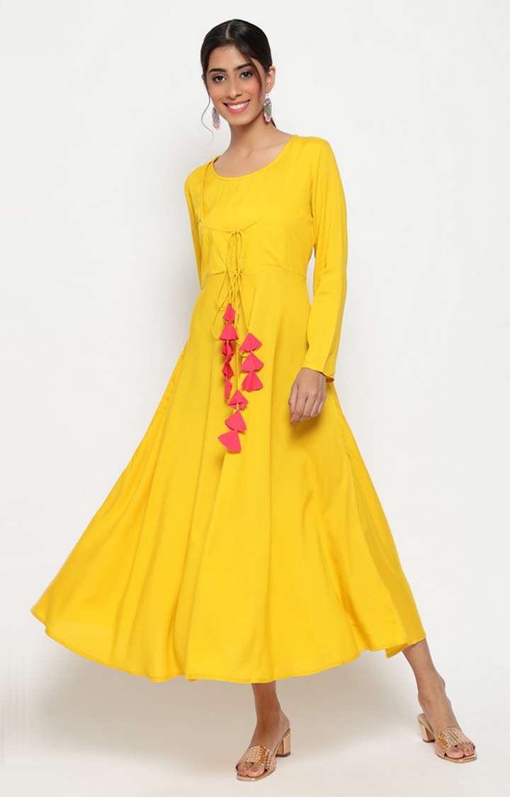 Mustard Solid Flared Anarkali With Tussle Details