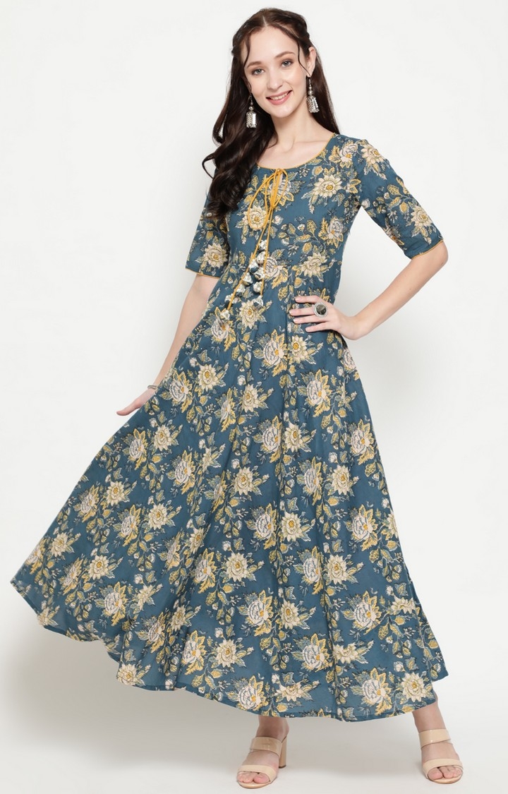 ANTARAN | Blue And Yellow Floral Printed Flared Maxi Dress