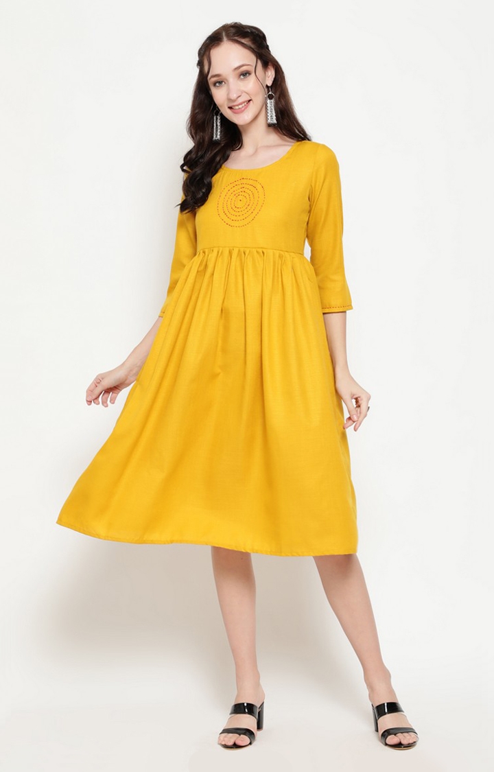 Yellow Solid Pleated Dress With Red Thread Yoke Details