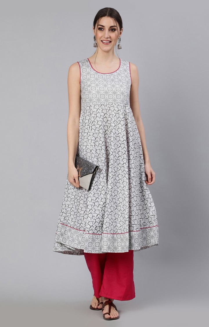 White and Grey Floral Printed Anarkalis