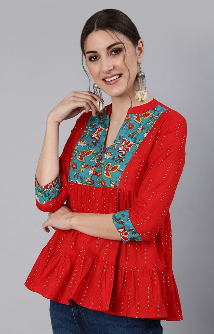 Red and Green Floral Printed Tunic