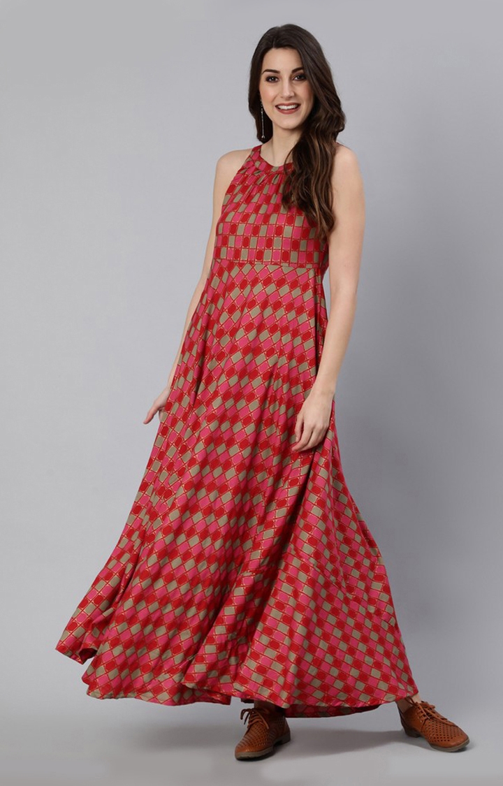 Red and Beige Geometrical Sleeveless Flared Ethnic Gowns