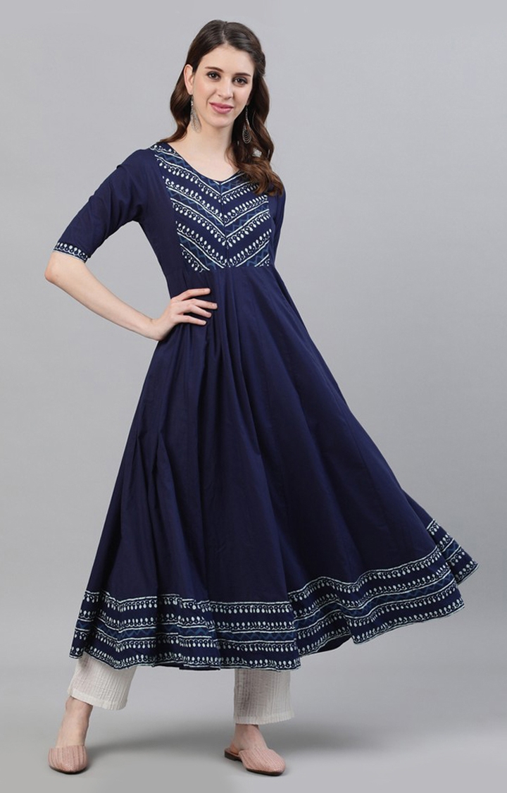 Blue Solid Flared Anarkali With Printed Yoke and Border
