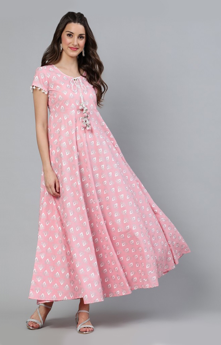 Pink and White Khari Printed Flared Ethnic Gowns