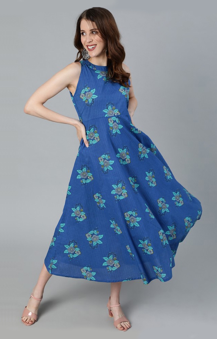 Blue Floral Printed Halter Neck Dresses