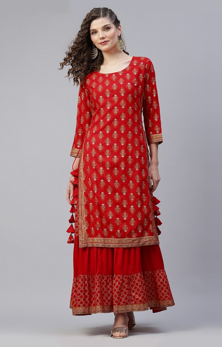Red and Gold Khari Printed Double Layered Ethnic Sets