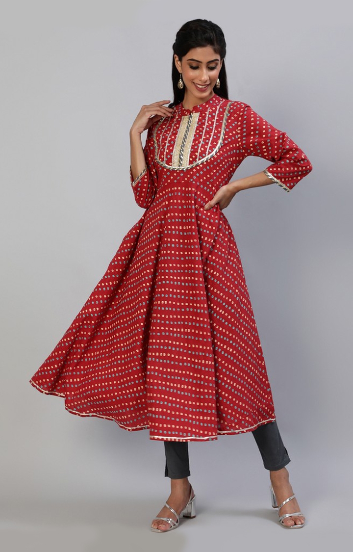 Red Bandhani Printed Lace Yoke Design Anarkali