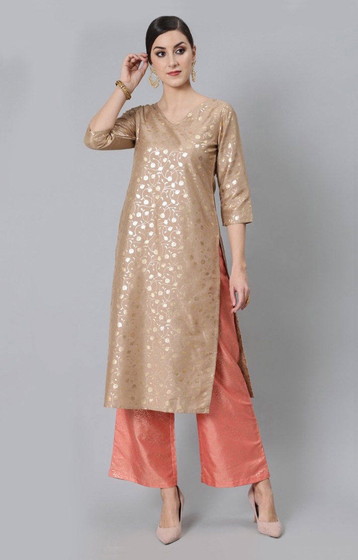 Beige and Peach Gold Foil Printed Straight Kurta With Palazzo Set