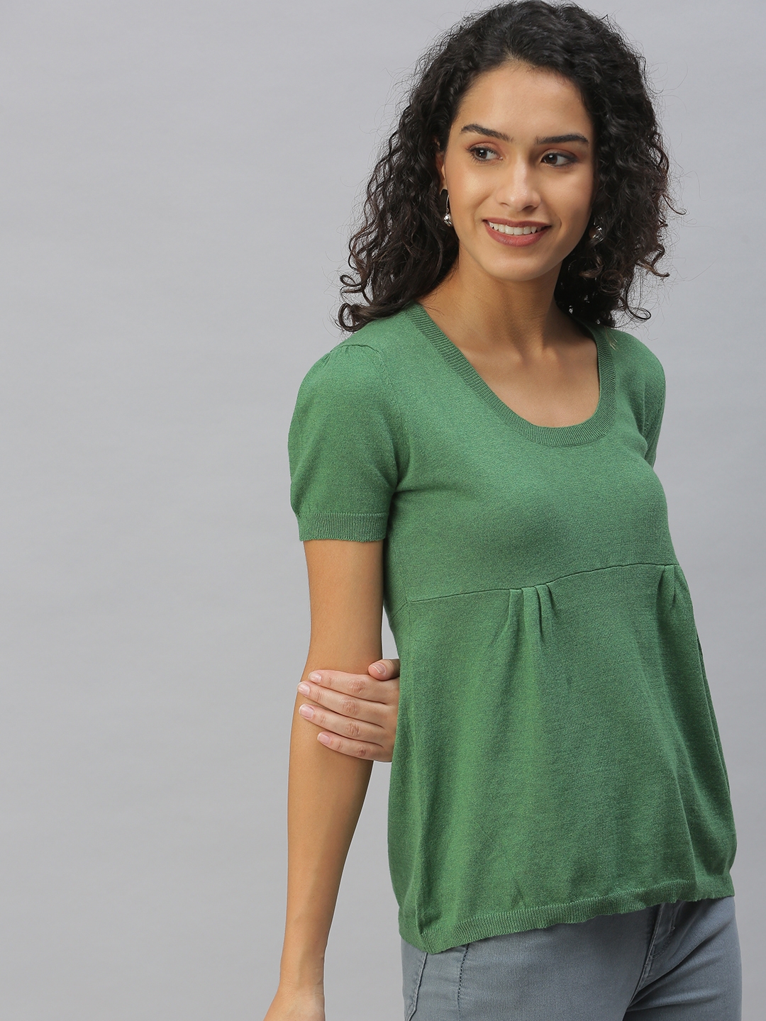 SHOWOFF Women's Round Neck Solid Green Regular Top