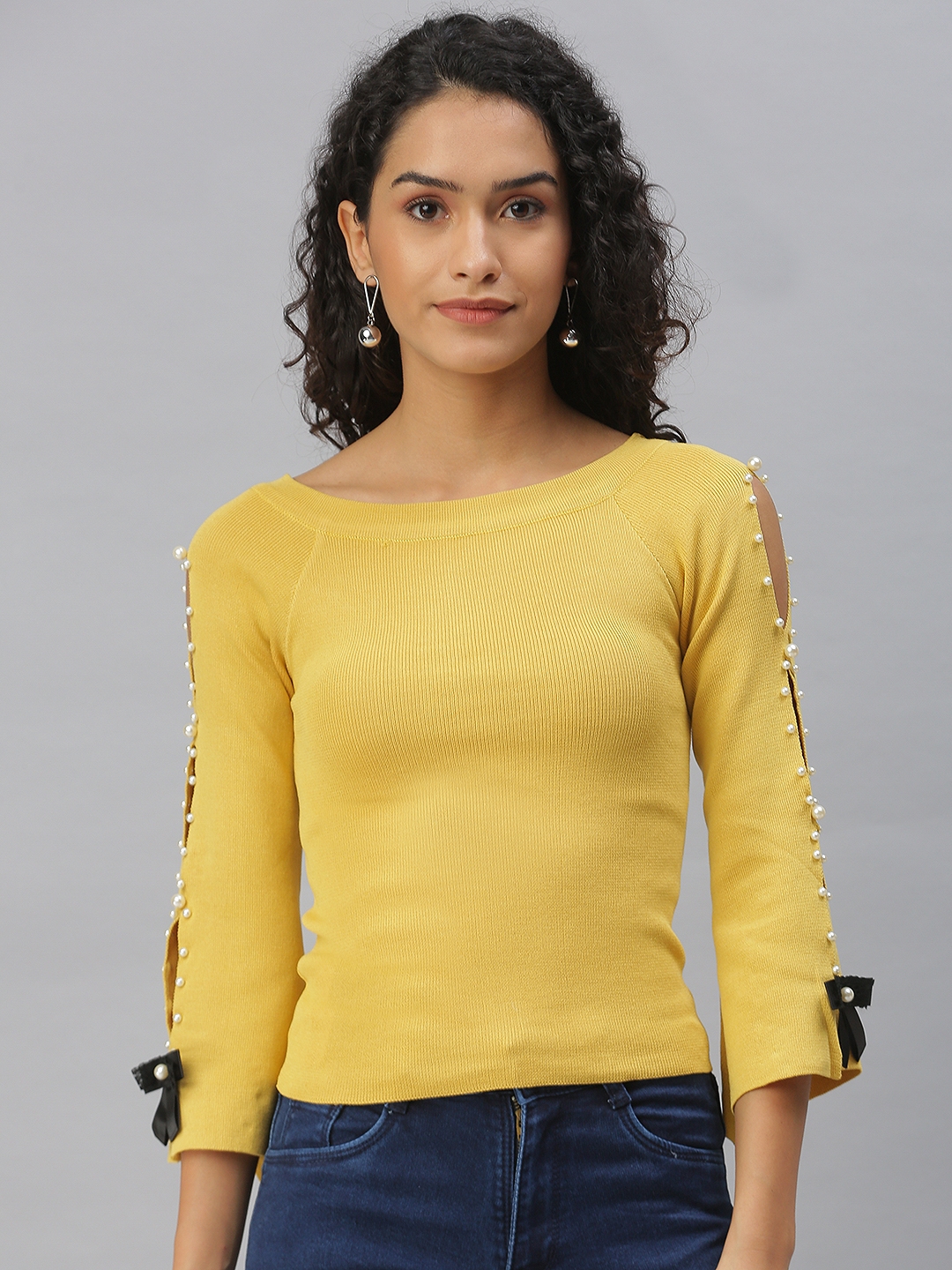 Women's Yellow Cotton Blend Solid Tops