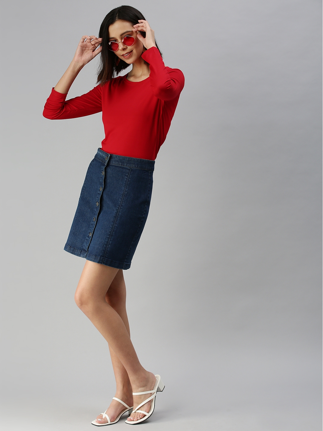 Women's Red Cotton Blend Solid Tops