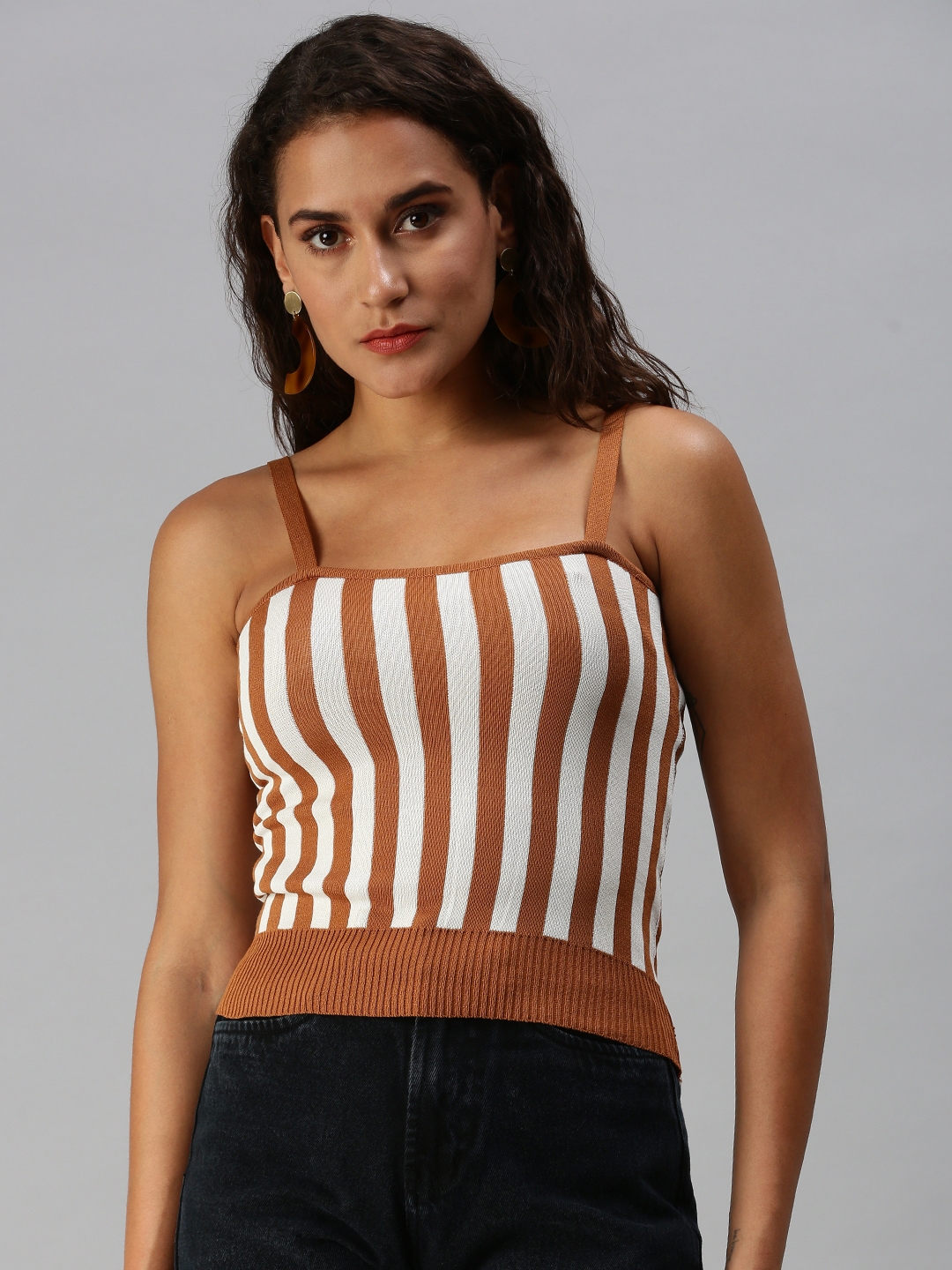 Women's Brown Cotton Blend Striped Tops