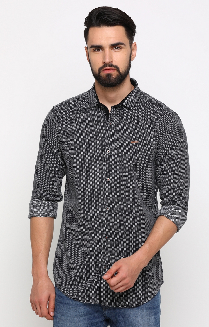 With | With Men's Black Cotton Printed Slim Fit Shirt