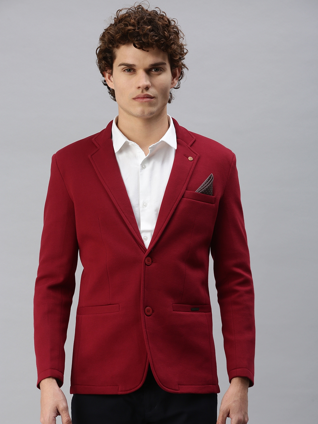 Men's Red Cotton Blend Solid Blazers