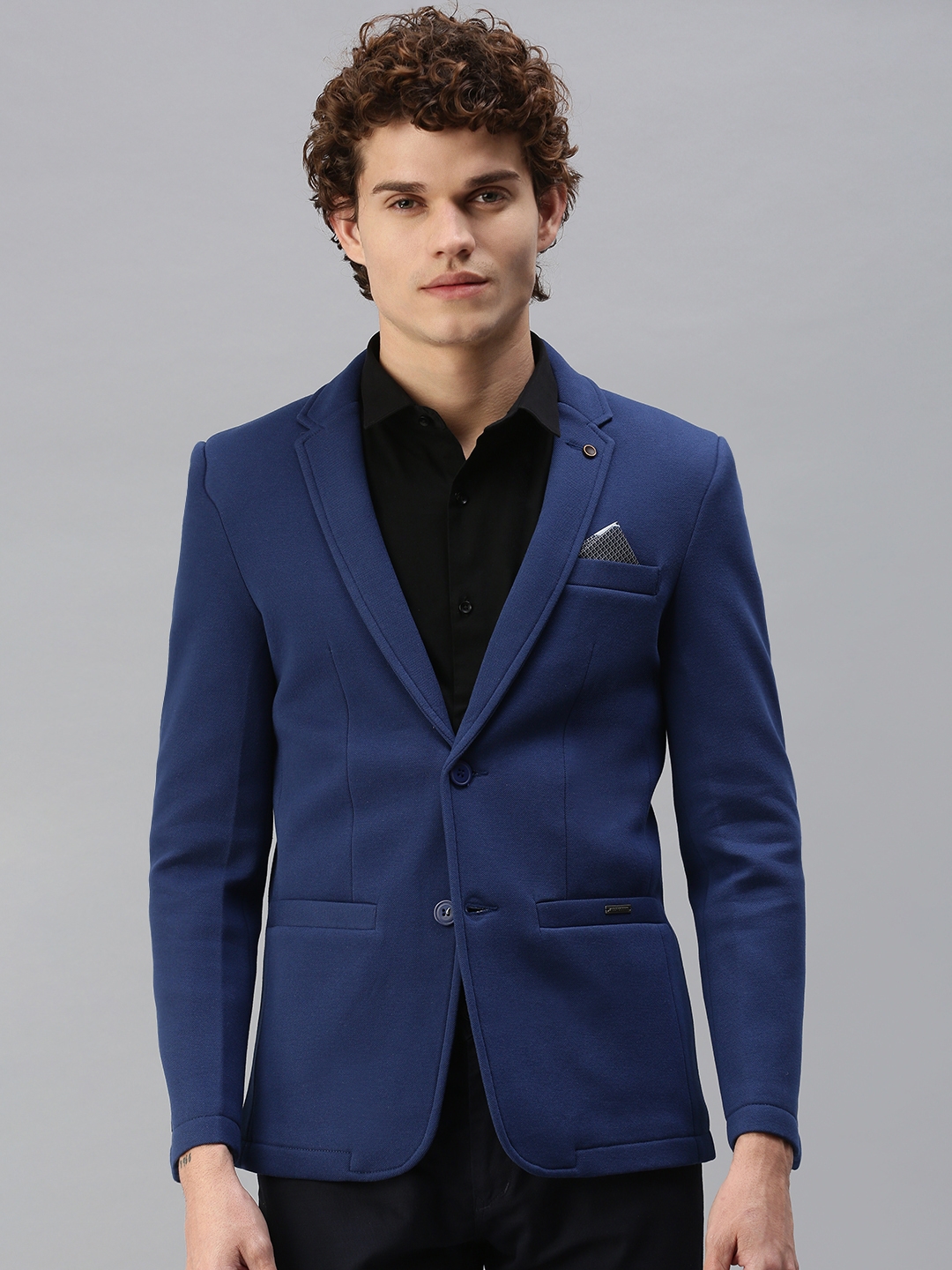 Men's Blue Cotton Blend Solid Blazers