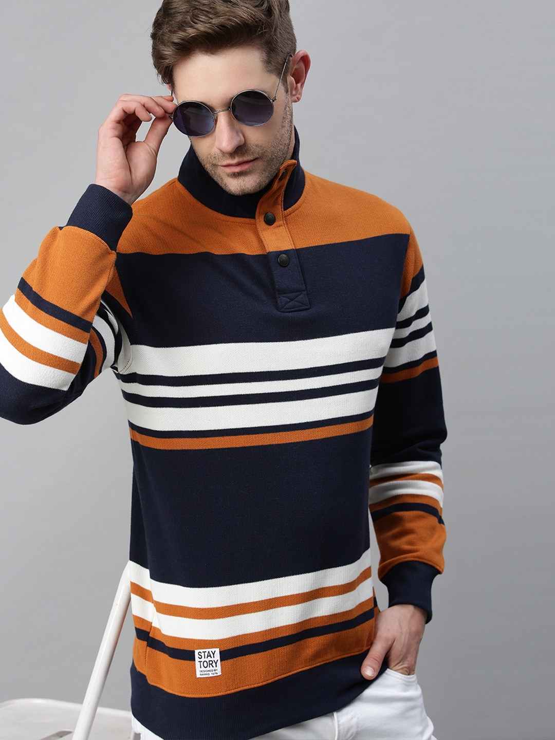 Showoff | Showoff Men's Cotton Casual Mustard and Navy Striped Sweatshirt
