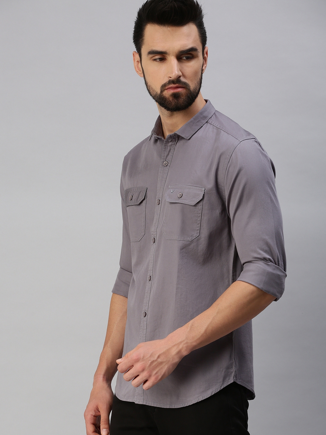 Men's Grey Cotton Solid Casual Shirts