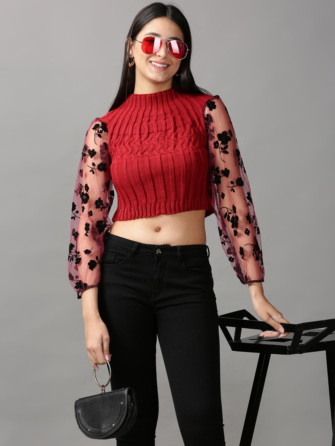 Showoff | SHOWOFF Women's High Neck Fitted Solid Maroon Crop Top