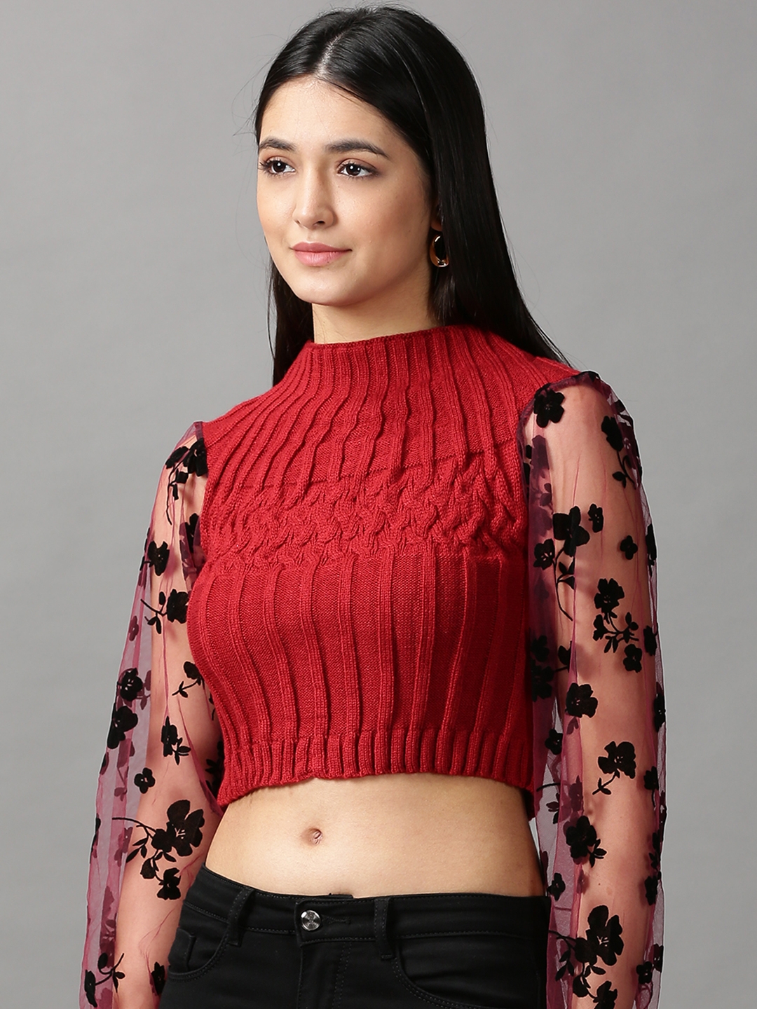 SHOWOFF Women's High Neck Fitted Solid Maroon Crop Top