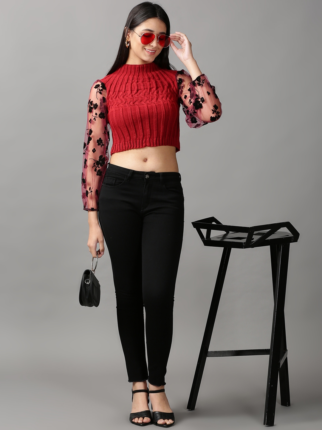 SHOWOFF Women's High Neck Fitted Solid Maroon Crop Top