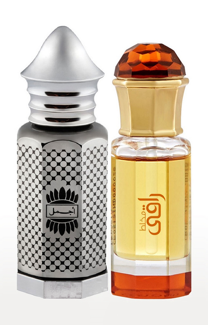 Ajmal Asher Concentrated Perfume Oil Oriental Alcohol-free Attar 12ml for Unisex and Mukhallat Raaqi Concentrated Perfume Oil Alcohol-free Attar 10ml for Unisex