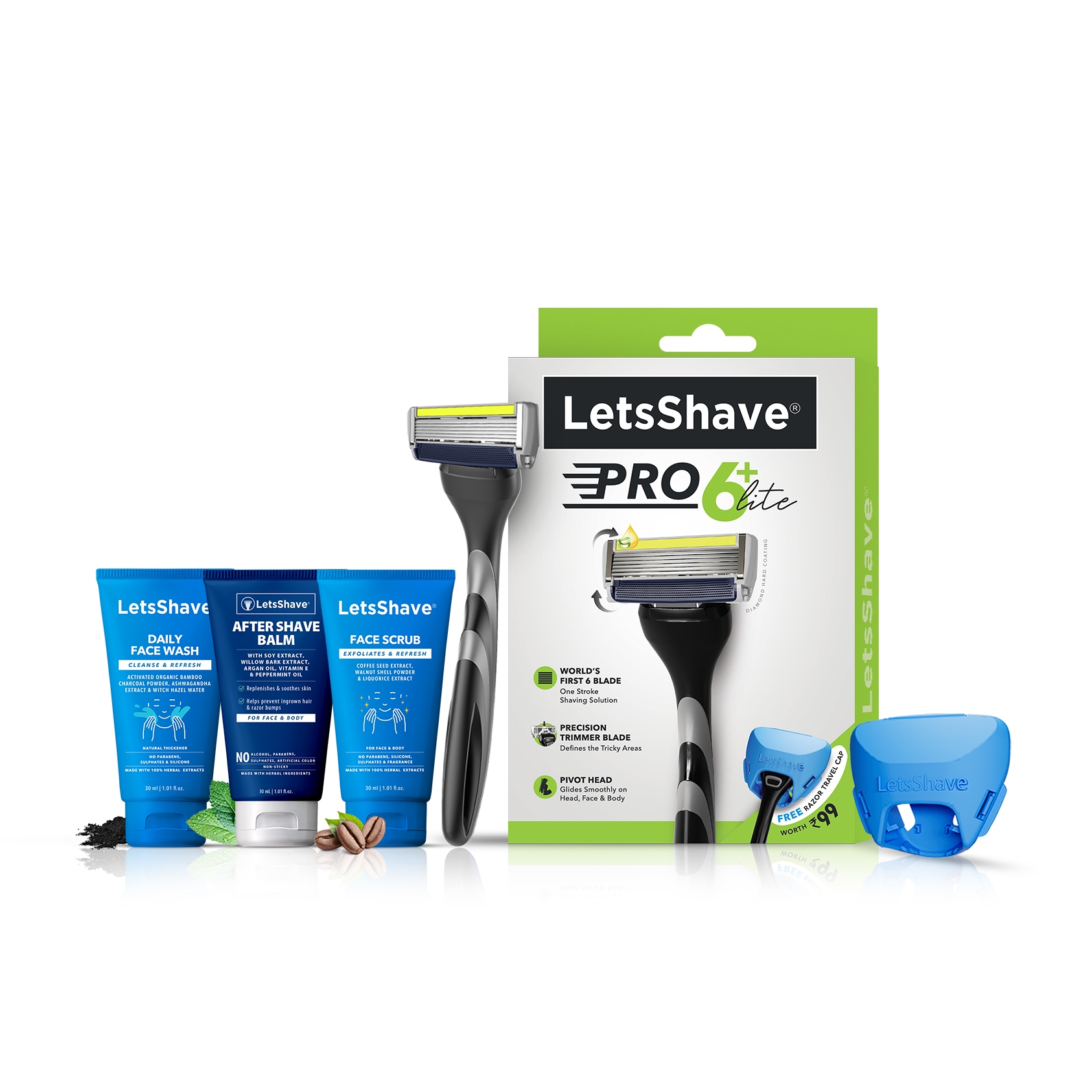 LetsShave | LetsShave Pro 6 Lite Razor + After Shave Balm 30ml + Transparent Shave Gel 30ml + Face Scrub 30ml
