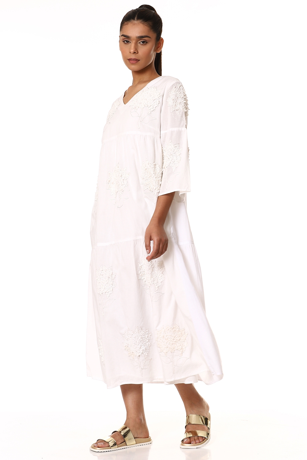 ABRAHAM AND THAKORE | Ivory Loop Embroidery Long Dress