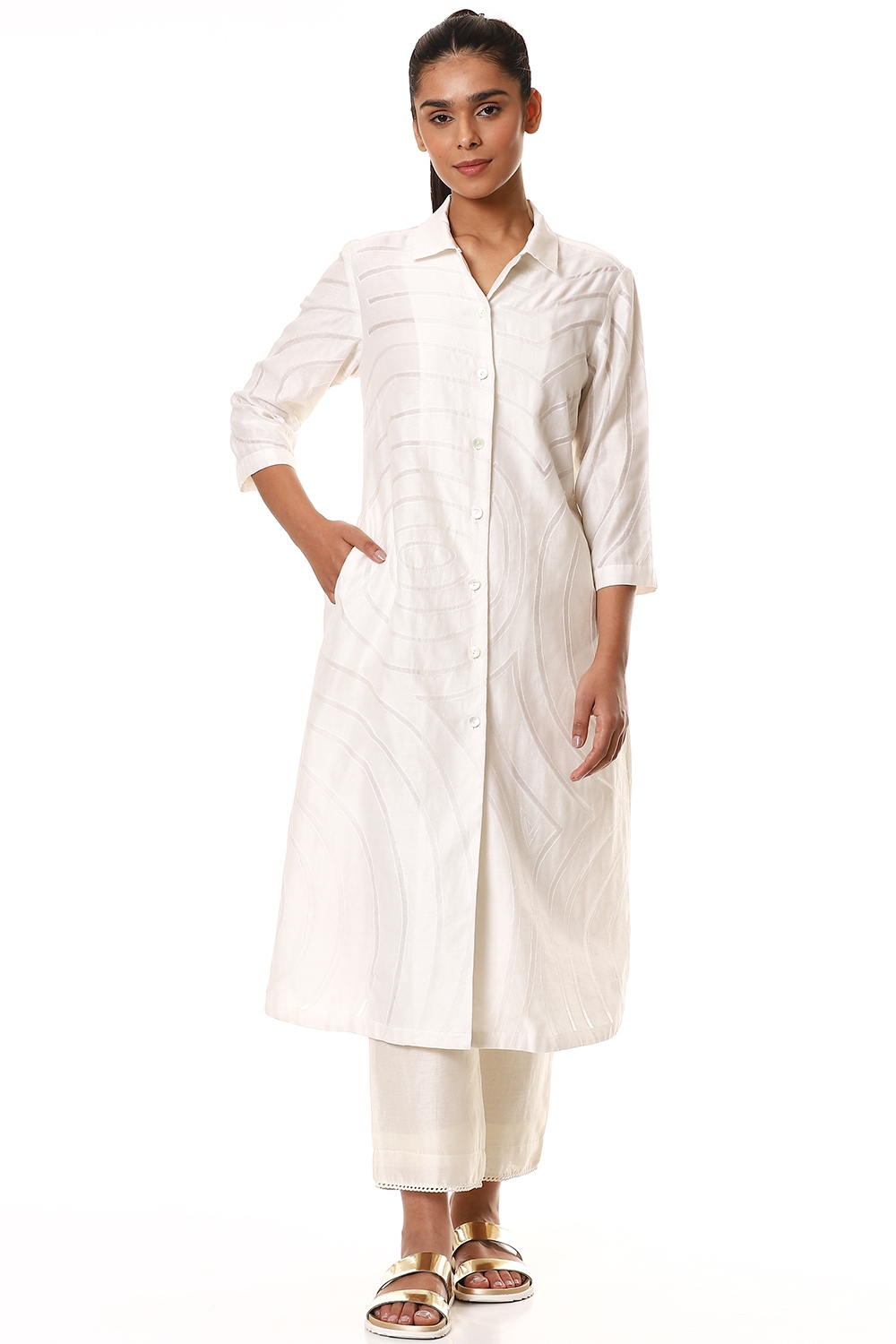 ABRAHAM AND THAKORE | Ivory Cutwork Long Button Front Shirt