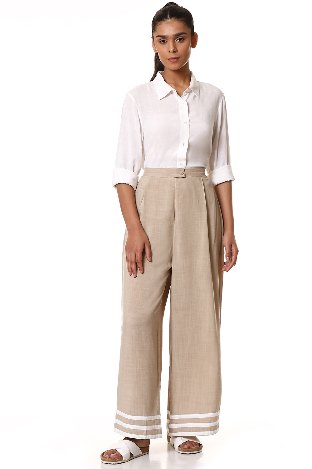 ABRAHAM AND THAKORE | Beige Patchwork Wide Leg Pants