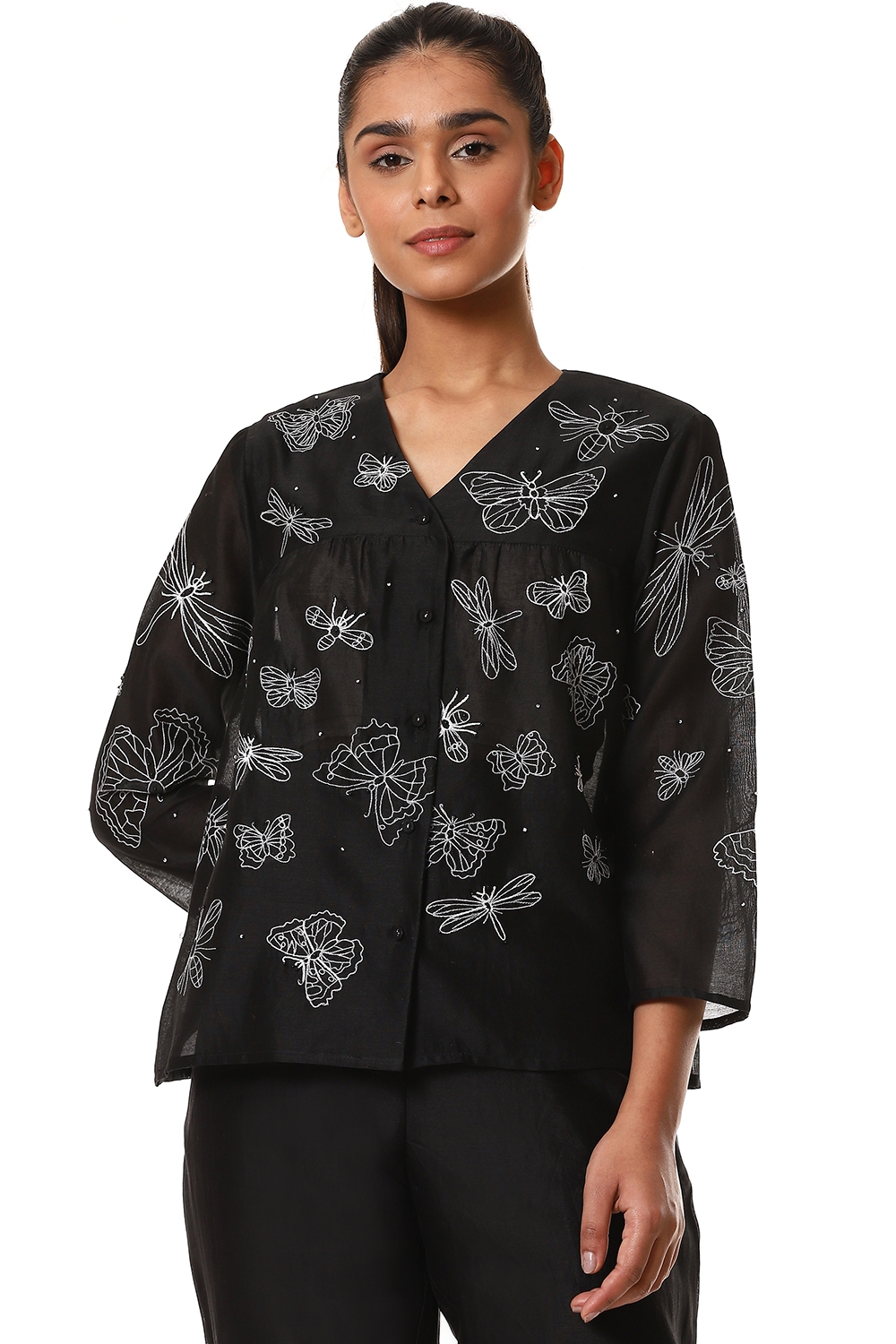 ABRAHAM AND THAKORE | Black Butterfly Kedia Top
