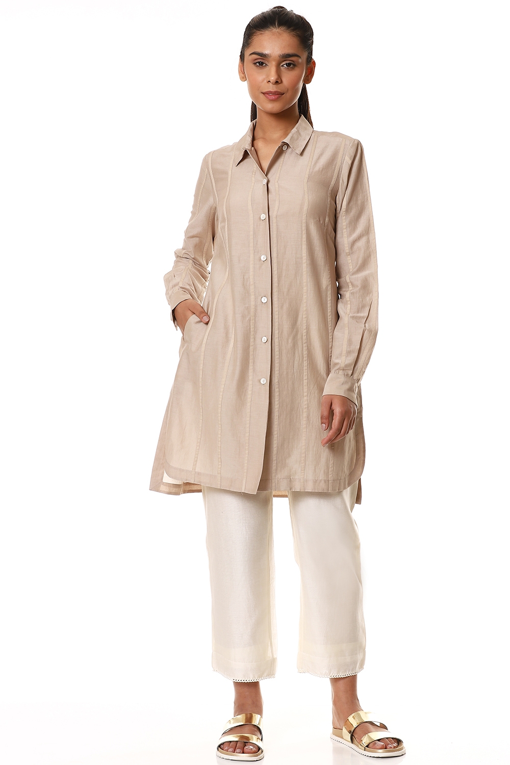 ABRAHAM AND THAKORE | Beige Patchwork Button Front Shirt
