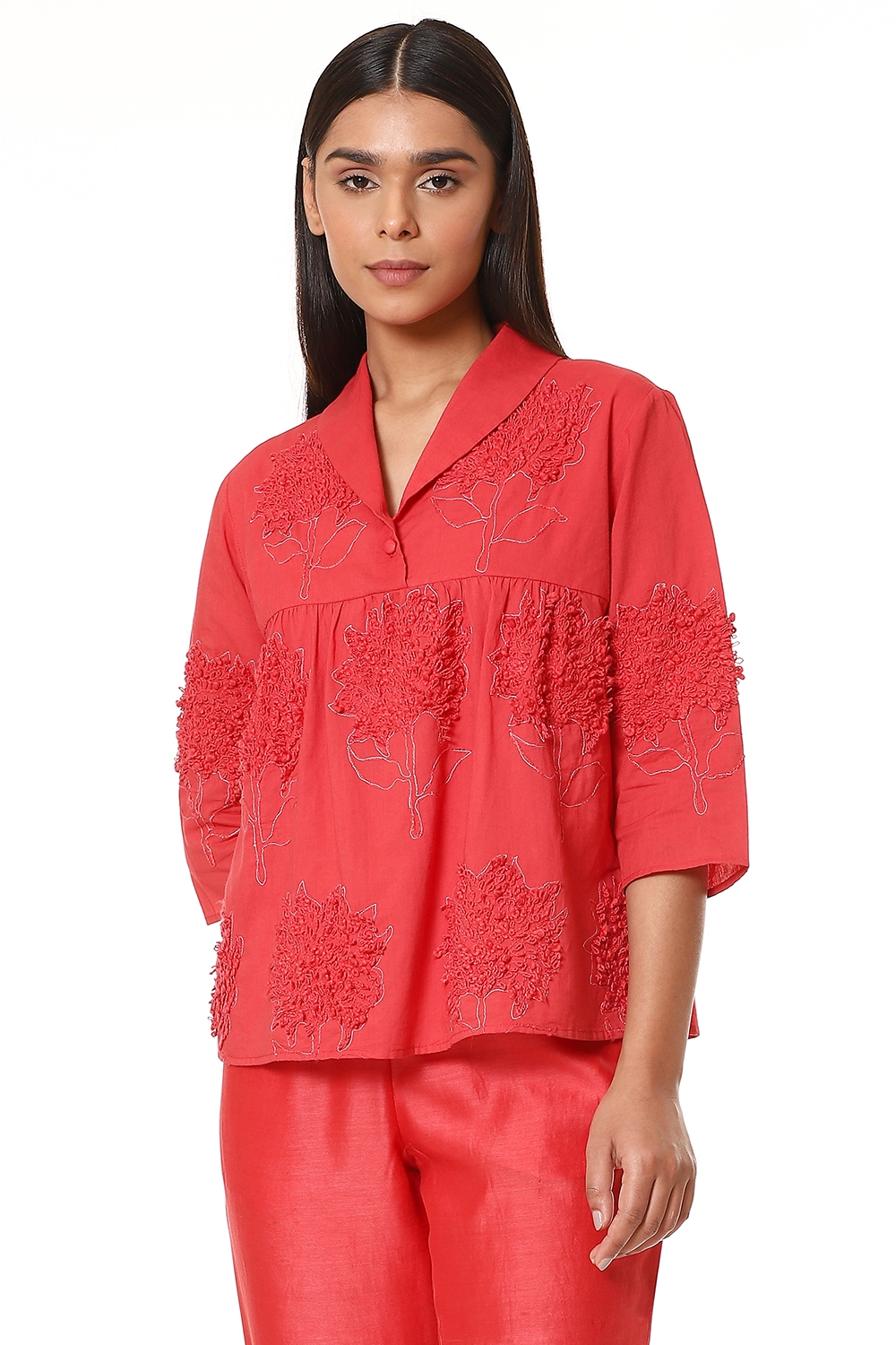 ABRAHAM AND THAKORE | Loop Embroidery Buta Button Front Kedia Top