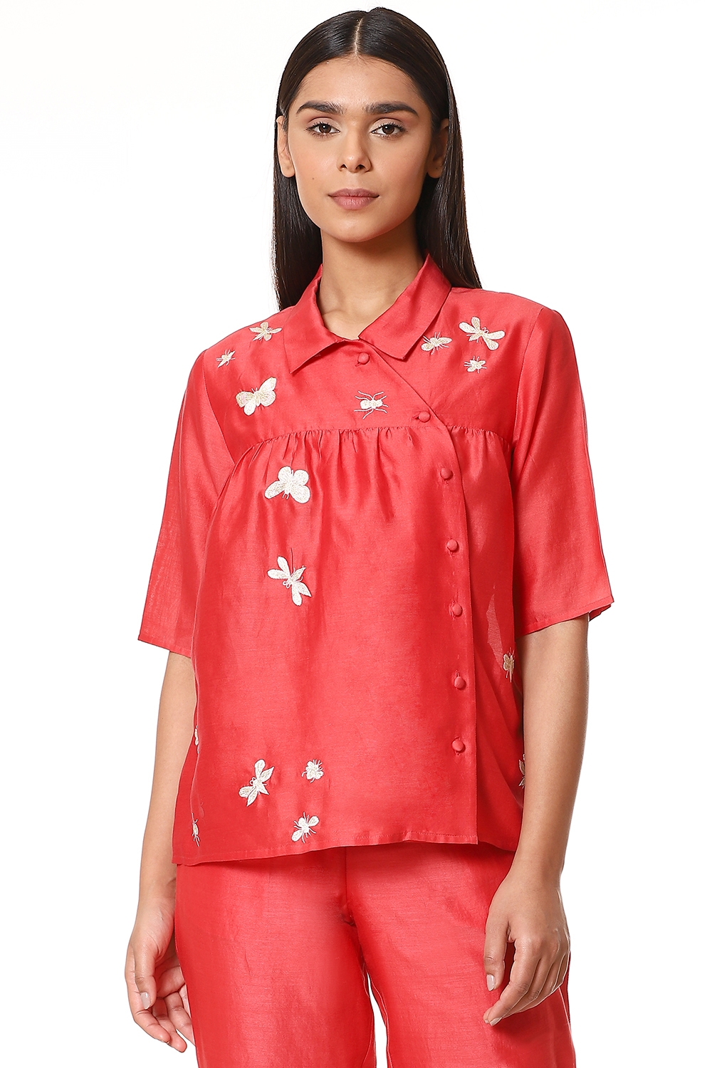 ABRAHAM AND THAKORE | Coral Insects Embroidered Kedia Top