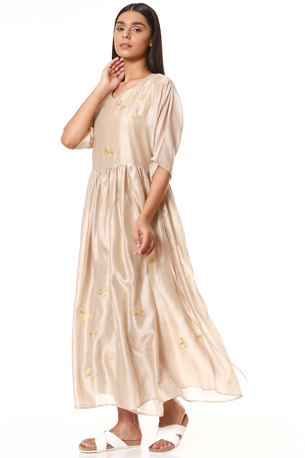 ABRAHAM AND THAKORE | Beige Insects Embroidered Flared Dress