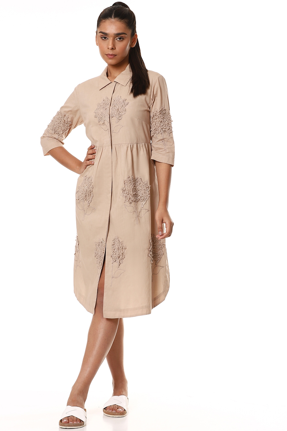 ABRAHAM AND THAKORE | Beige Buta Embroidered Button Dress