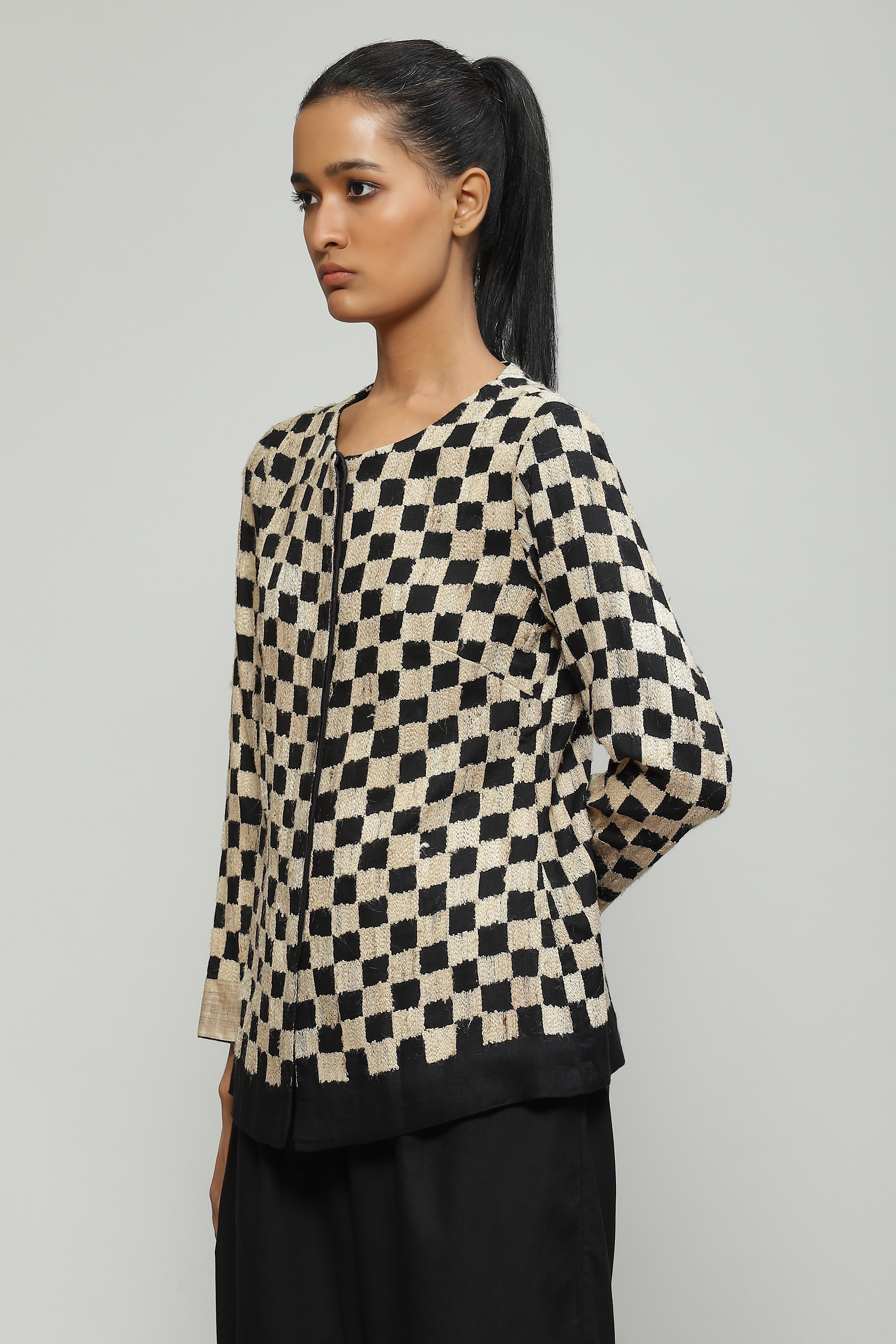 ABRAHAM AND THAKORE | Silk Tussar Embroidered Crop Jacket
