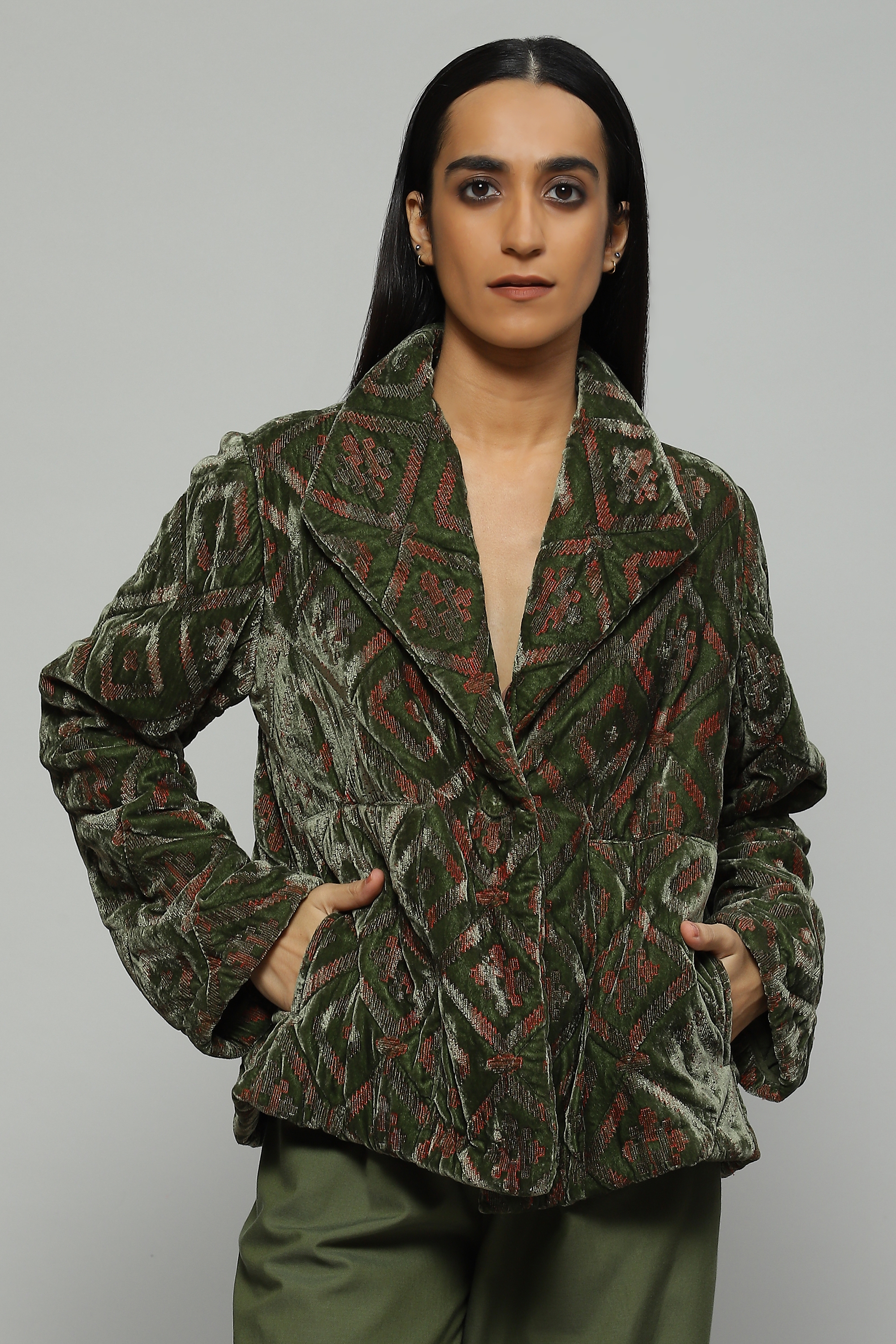 ABRAHAM AND THAKORE | Quilted And Embroidered Silk Velvet Puffer Jacket
