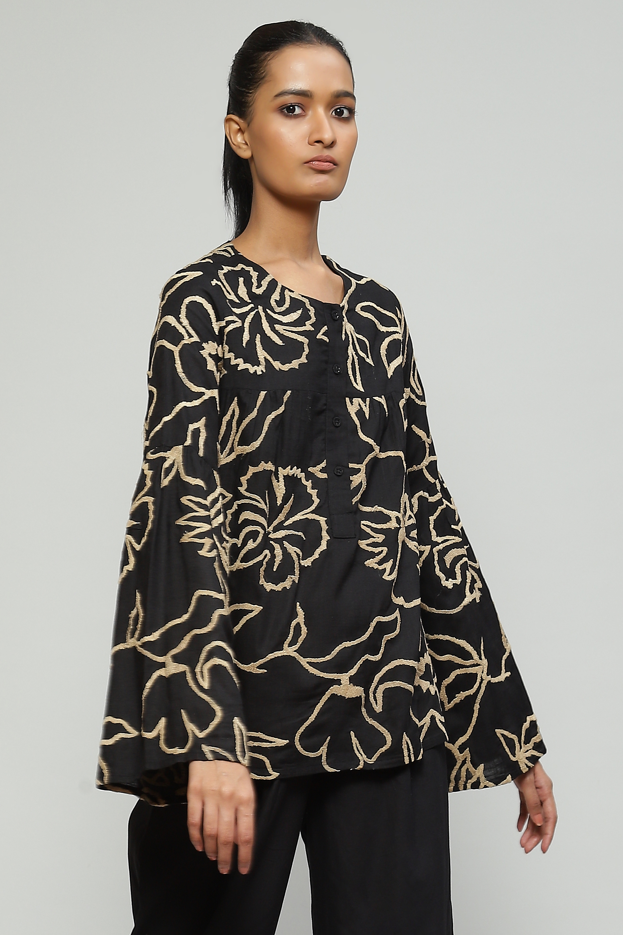 ABRAHAM AND THAKORE | Tussar Silk Embroidered  Floral Top