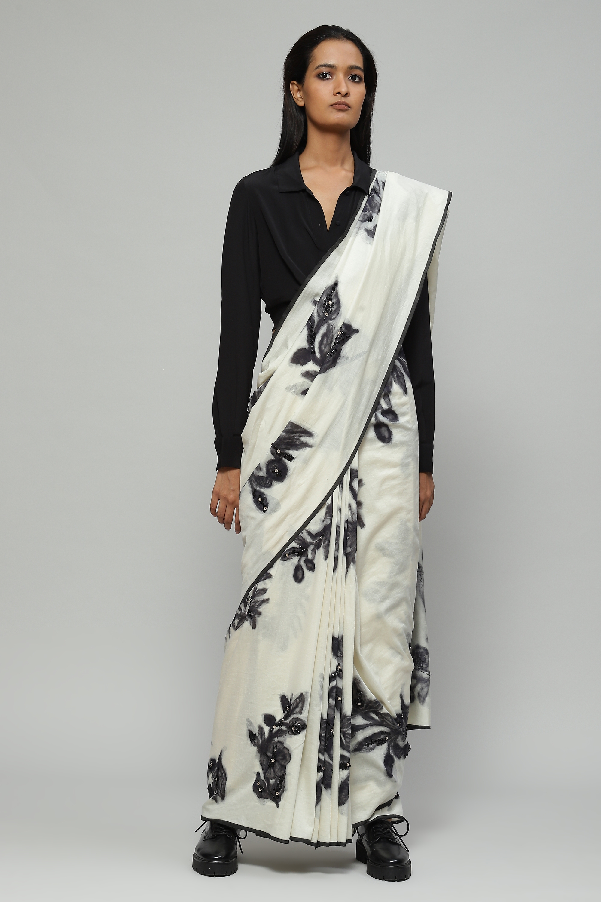 ABRAHAM AND THAKORE | Printed And Sequinned Tussar Saree