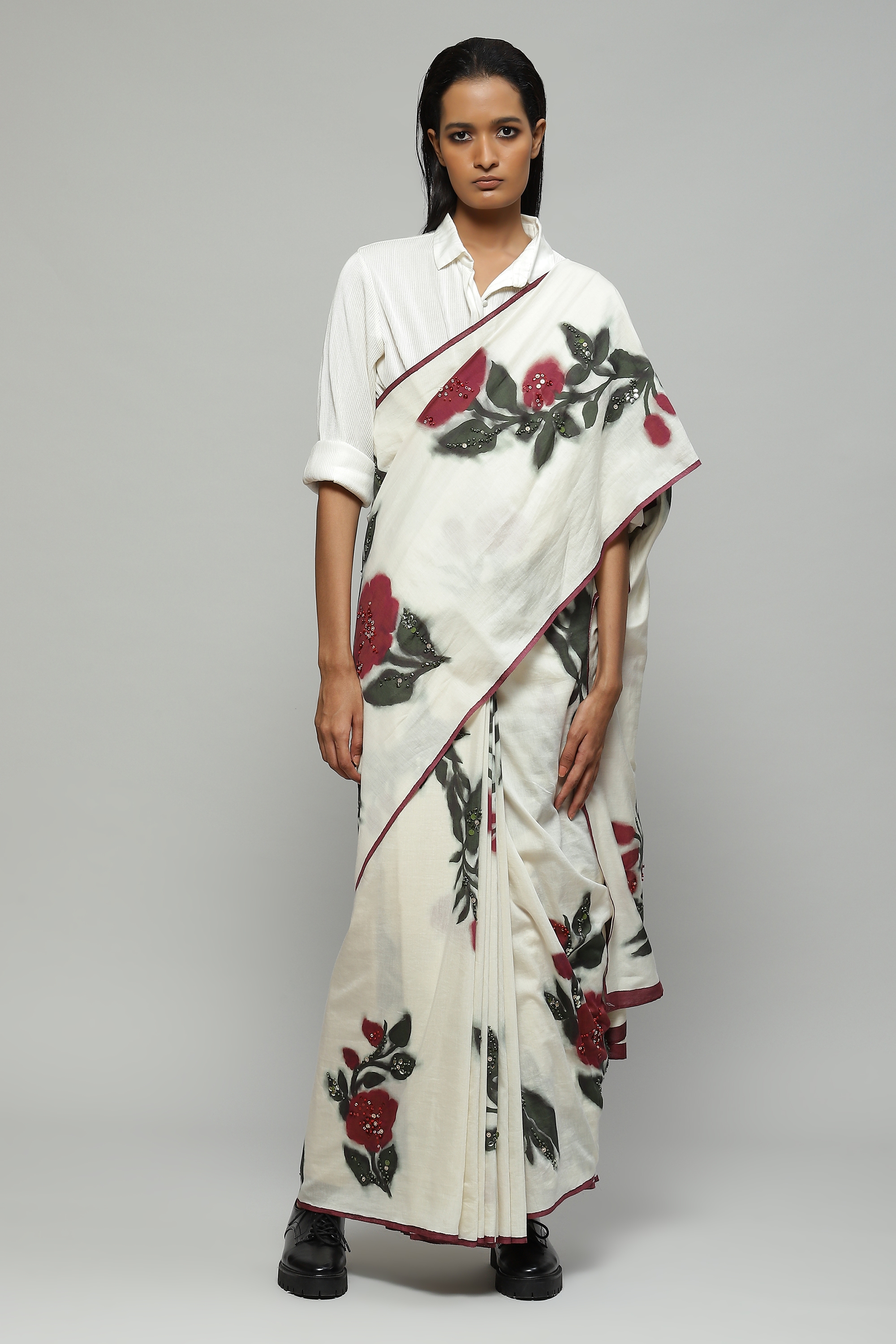 ABRAHAM AND THAKORE | Printed And Sequinned Silk X Cotton Saree